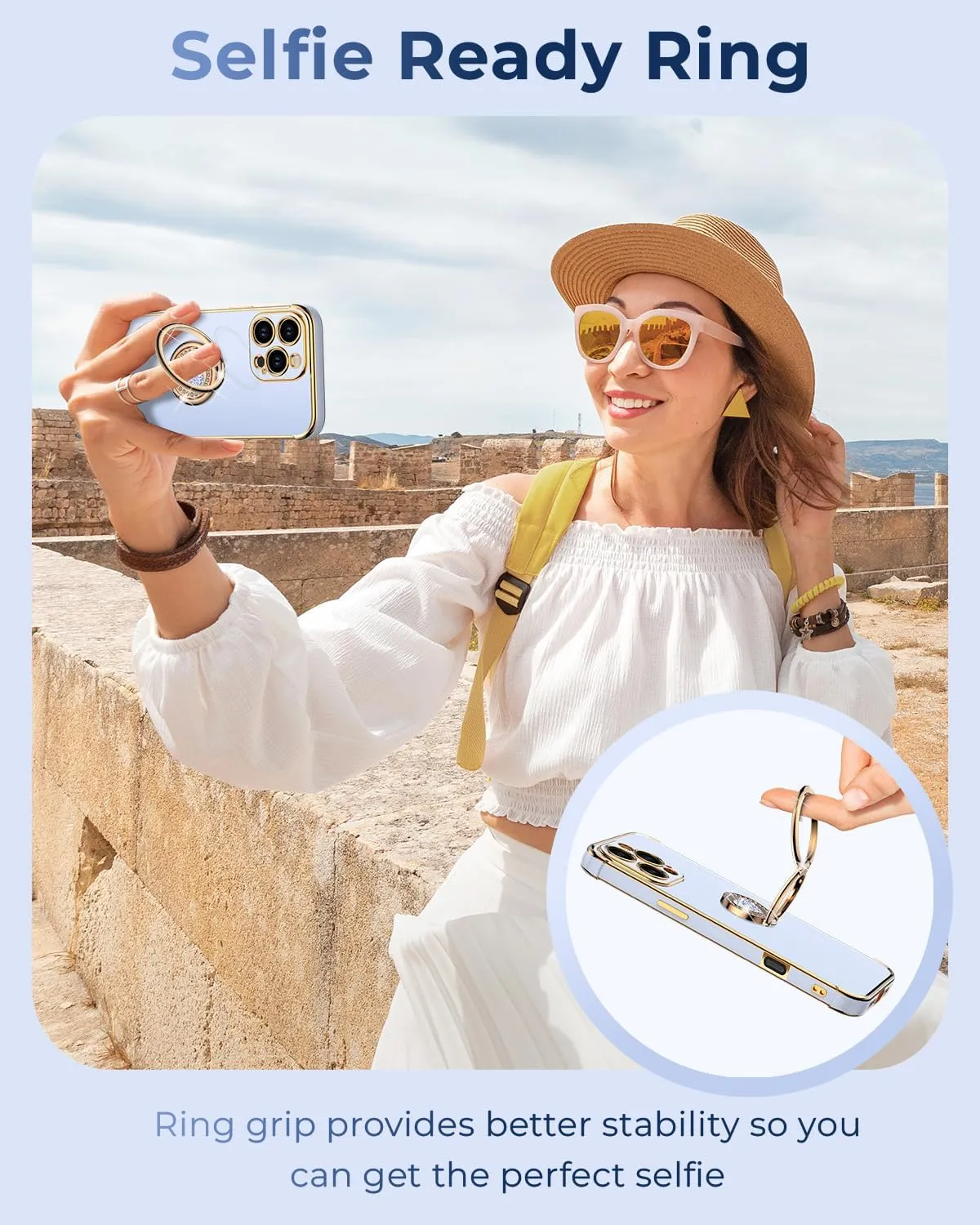 XYZ for iPhone 16 Pro Case with Stand, Phone Case with Double Ring Kickstand, Women Girls Bling Luxury Protective Case Heart for iPhone 16 Pro, Blue