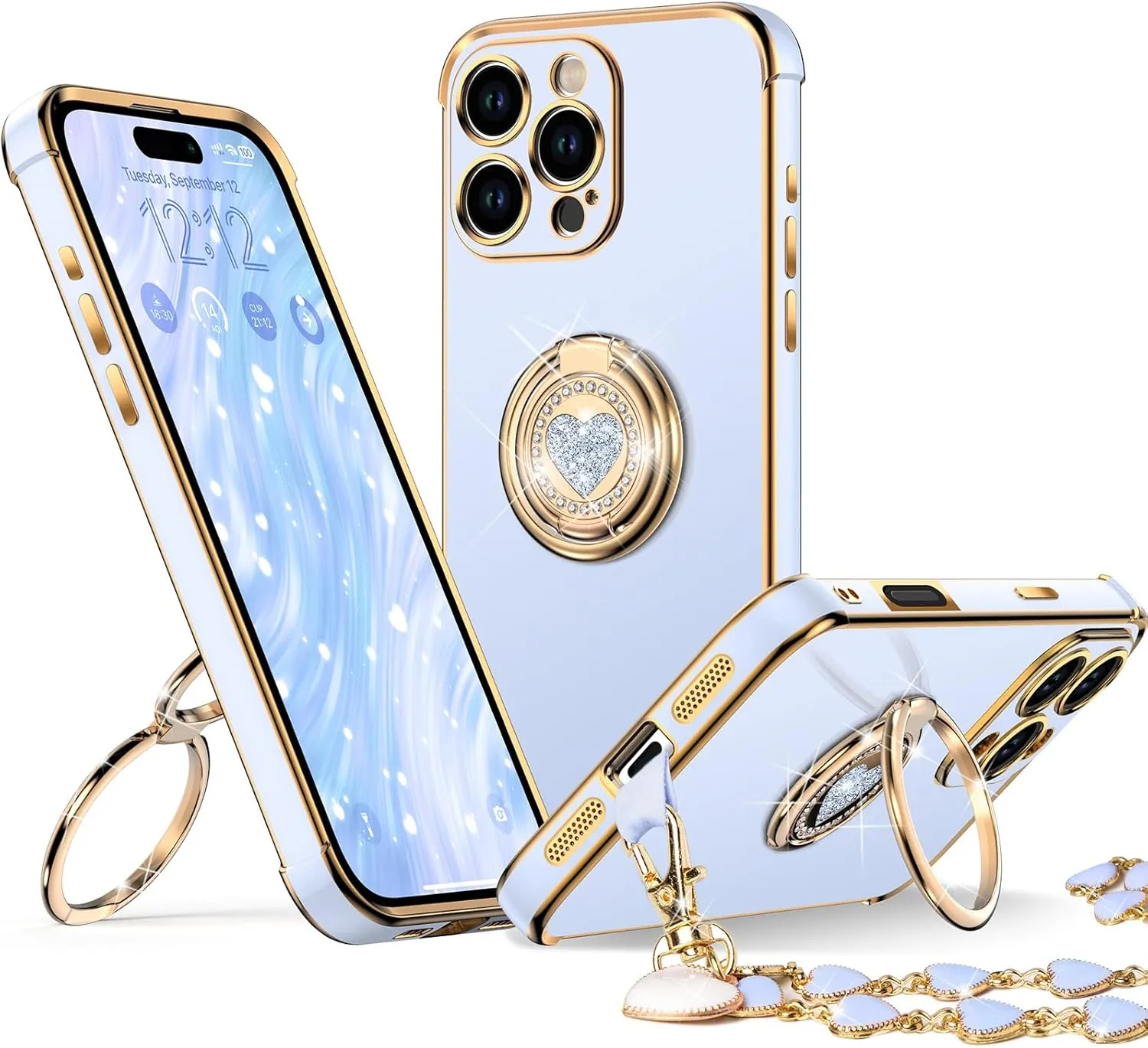 XYZ for iPhone 16 Pro Case with Stand, Phone Case with Double Ring Kickstand, Women Girls Bling Luxury Protective Case Heart for iPhone 16 Pro, Blue