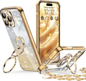 XYZ for iPhone 16 Pro Case with Stand, Phone Case with Double Ring Kickstand, Women Girls Cute Love-Heart Luxury Bling Protective Case Heart for iPhone 16 Pro 6.3 inch, Gold