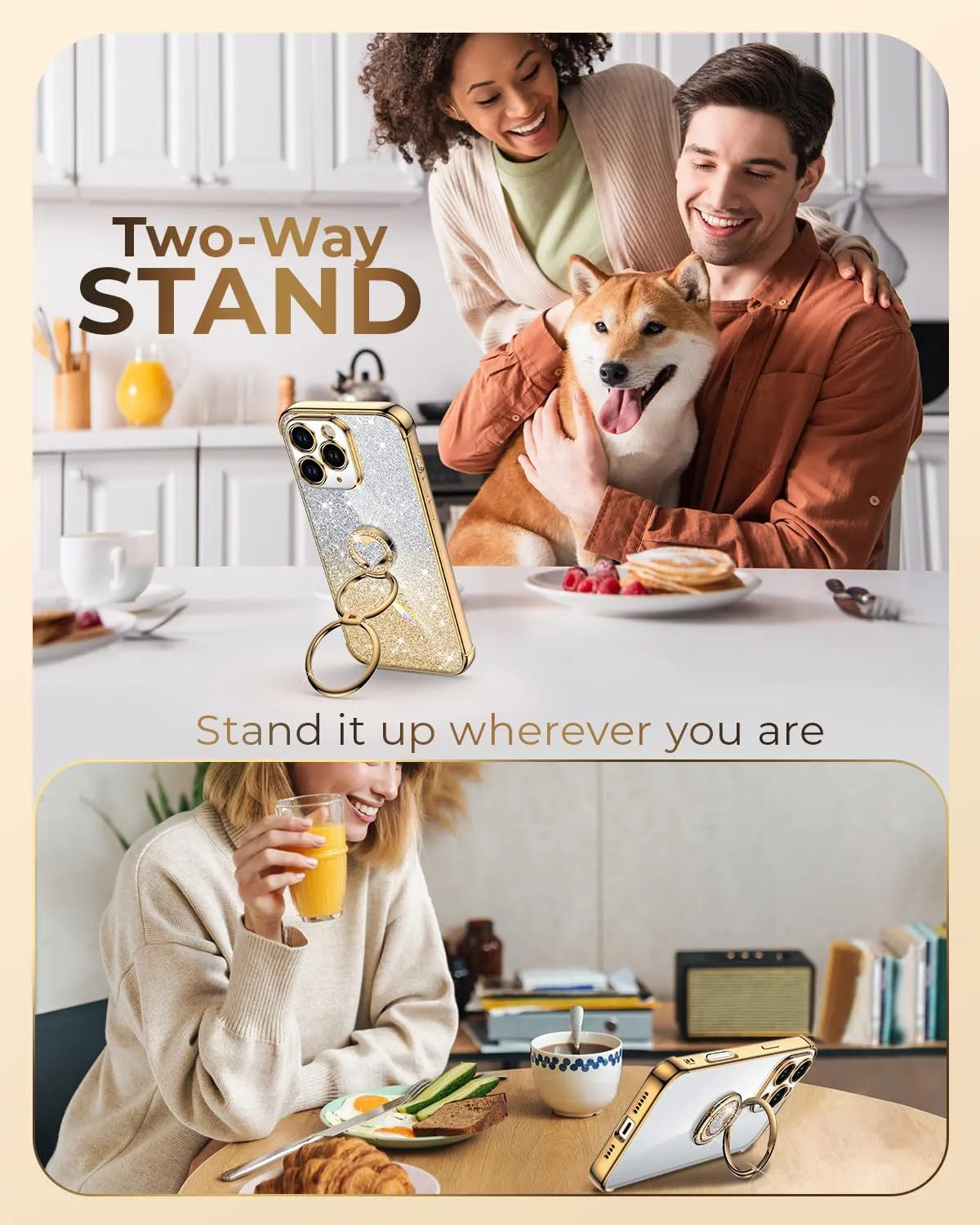 XYZ for iPhone 16 Pro Case with Stand, Phone Case with Double Ring Kickstand, Women Girls Cute Love-Heart Luxury Bling Protective Case Heart for iPhone 16 Pro 6.3 inch, Gold
