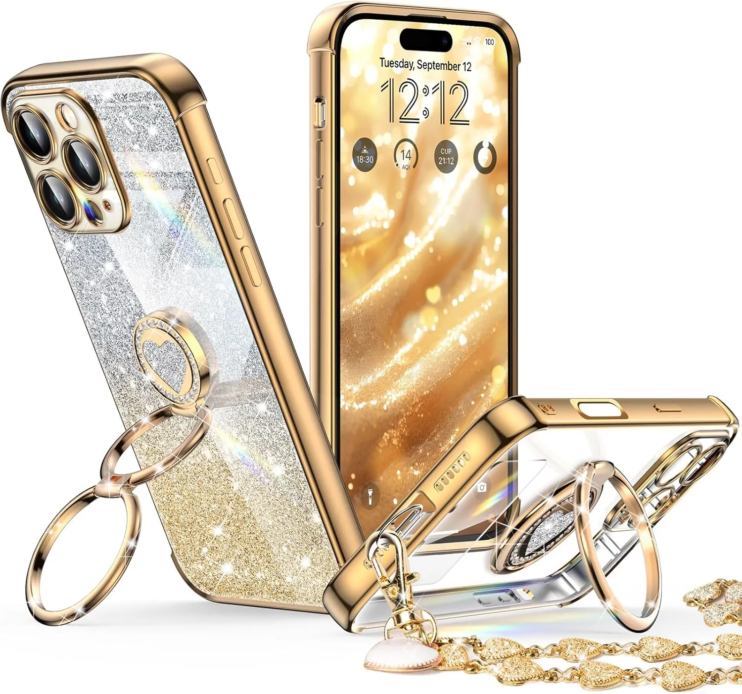 XYZ for iPhone 16 Pro Case with Stand, Phone Case with Double Ring Kickstand, Women Girls Cute Love-Heart Luxury Bling Protective Case Heart for iPhone 16 Pro 6.3 inch, Gold