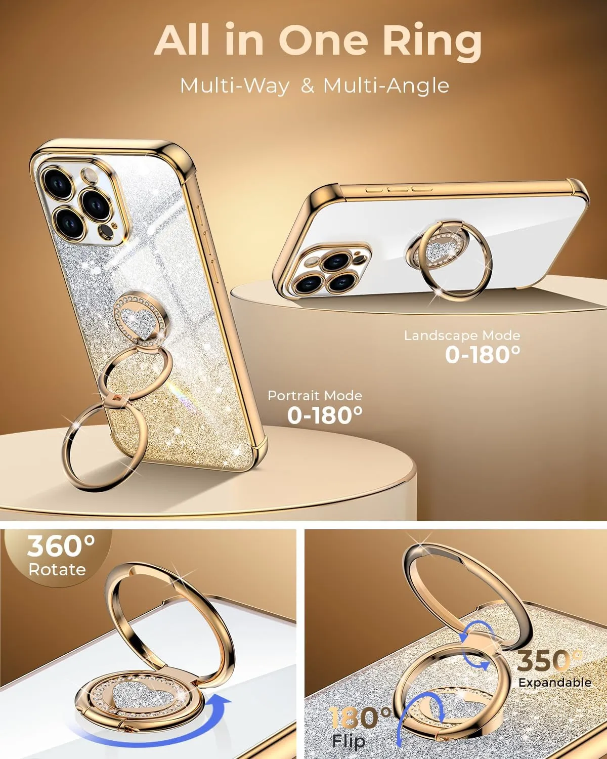 XYZ for iPhone 16 Pro Case with Stand, Phone Case with Double Ring Kickstand, Women Girls Cute Love-Heart Luxury Bling Protective Case Heart for iPhone 16 Pro 6.3 inch, Gold
