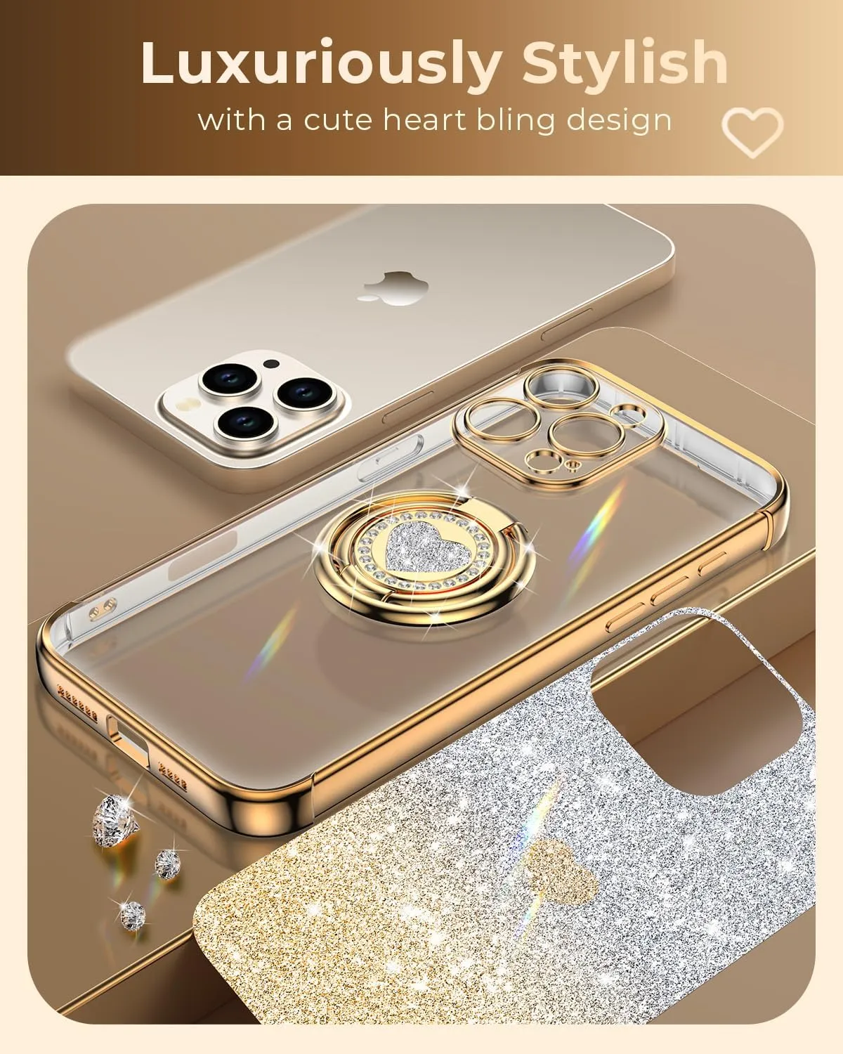 XYZ for iPhone 16 Pro Case with Stand, Phone Case with Double Ring Kickstand, Women Girls Cute Love-Heart Luxury Bling Protective Case Heart for iPhone 16 Pro 6.3 inch, Gold