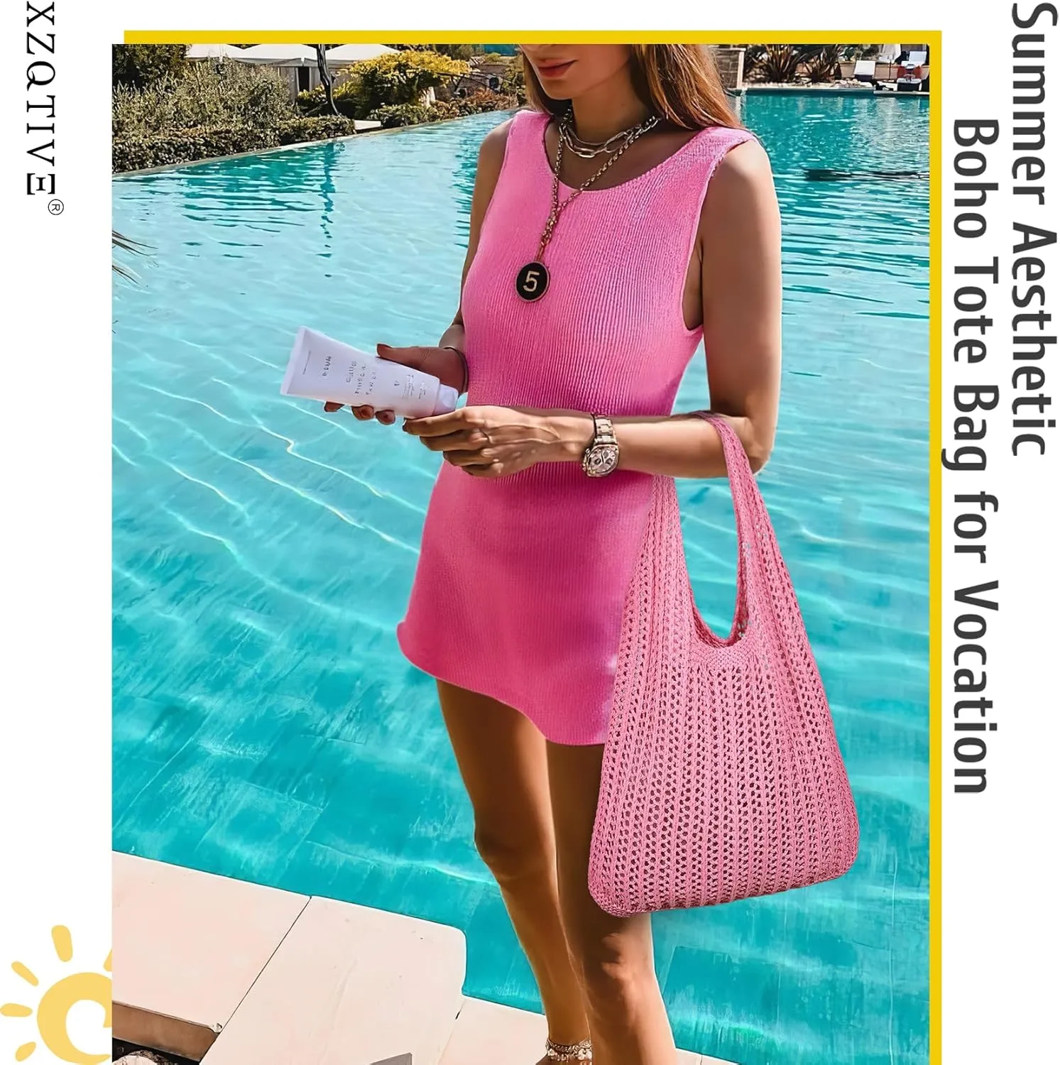 XZQTIVE Crochet Tote Bag for Women Mesh Beach bag for Summer Vacation Aesthetic Hobo Knit Shoulder Bag