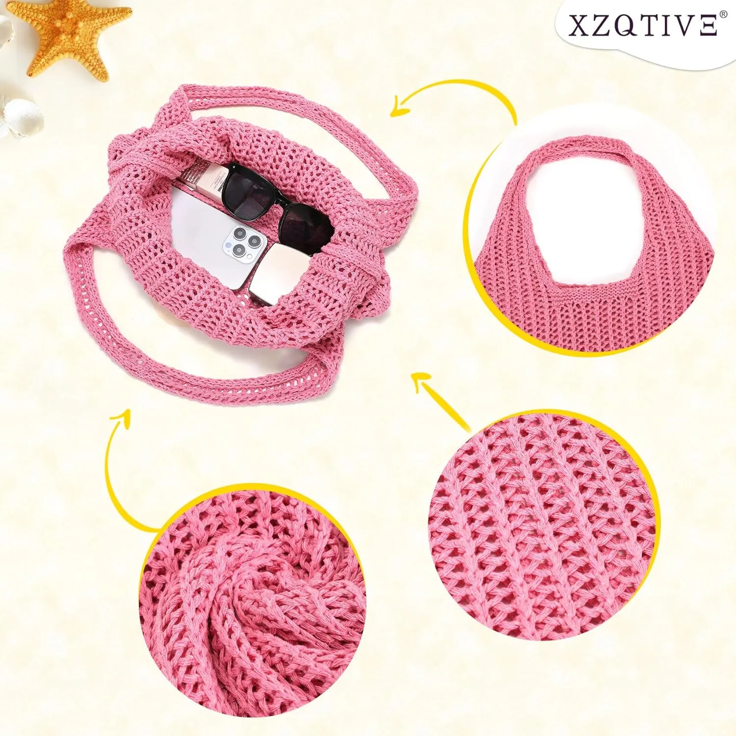 XZQTIVE Crochet Tote Bag for Women Mesh Beach bag for Summer Vacation Aesthetic Hobo Knit Shoulder Bag