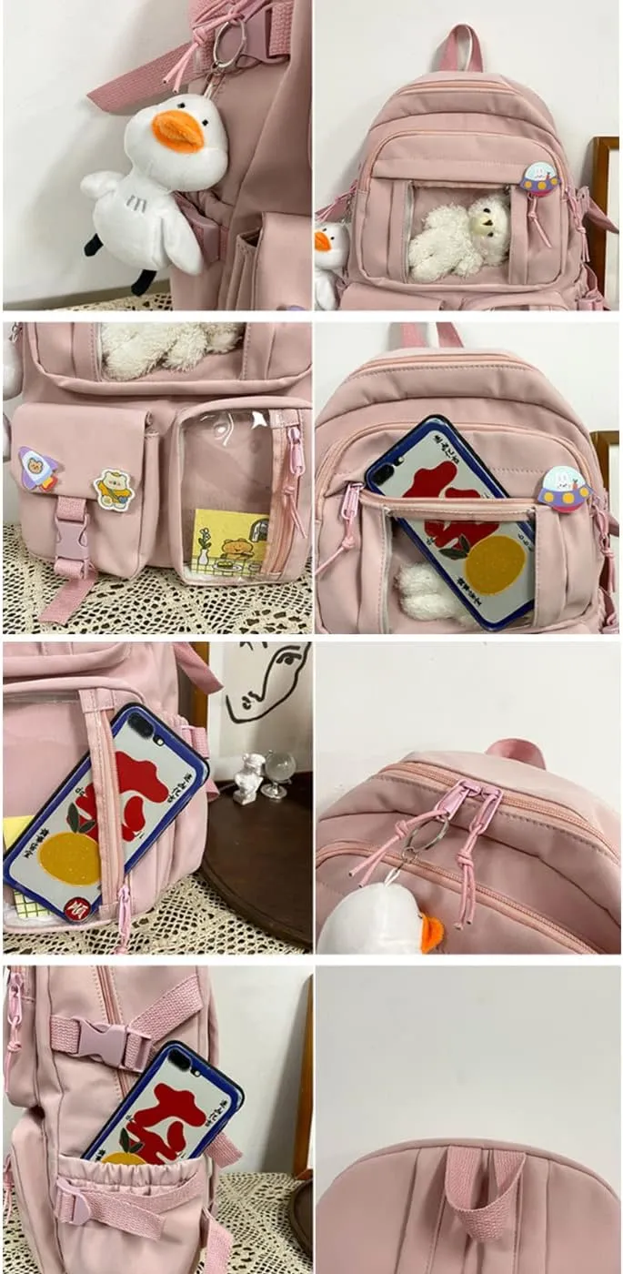 YAQUNICER Kawaii Daypacks Cute Bear and Duckling Pendant Backpack Large Capacity-Pink