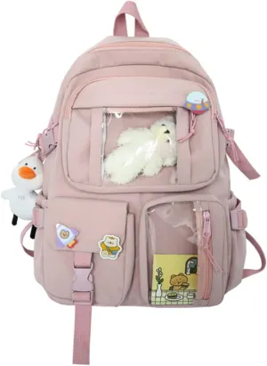 YAQUNICER Kawaii Daypacks Cute Bear and Duckling Pendant Backpack Large Capacity-Pink