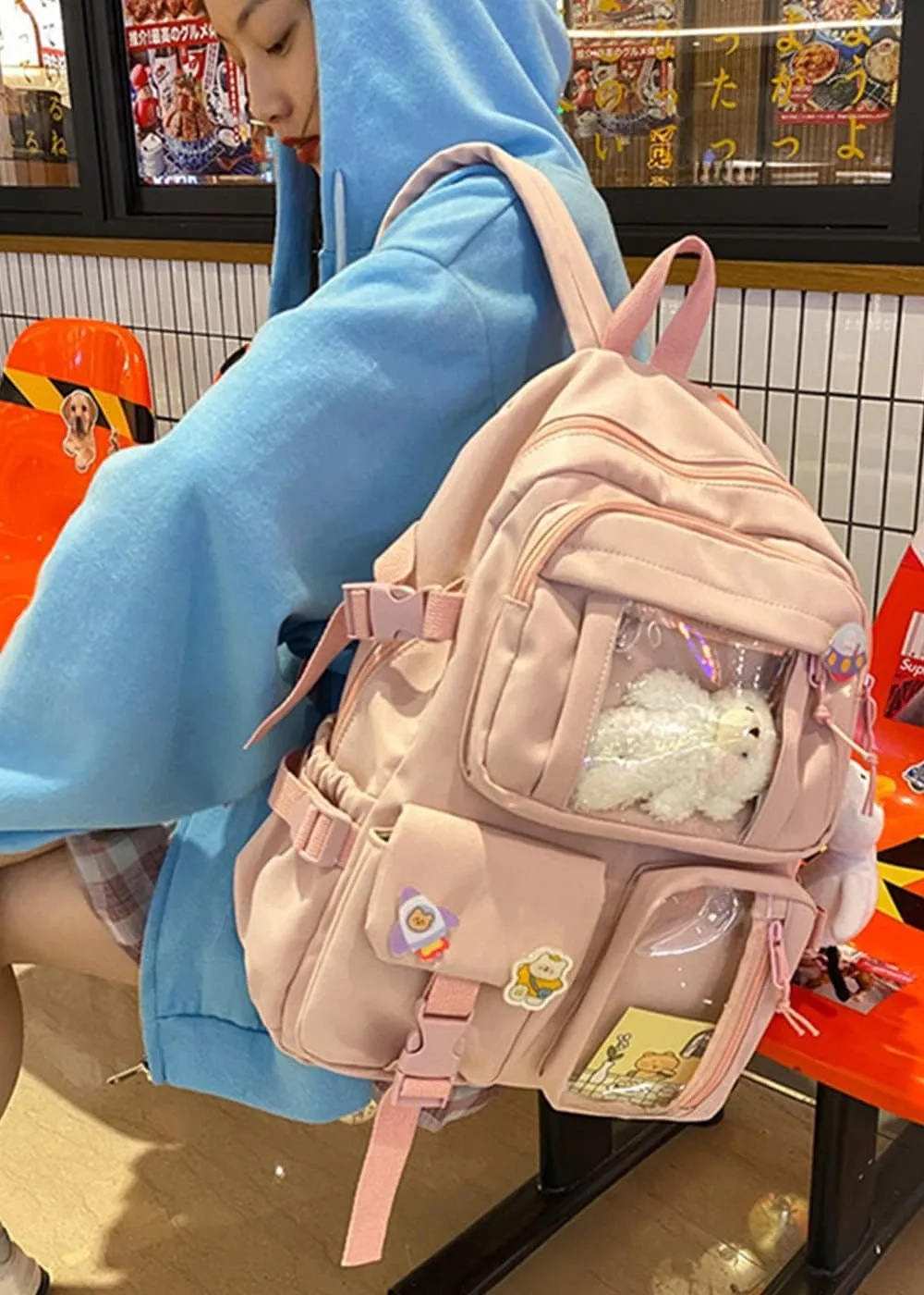 YAQUNICER Kawaii Daypacks Cute Bear and Duckling Pendant Backpack Large Capacity-Pink