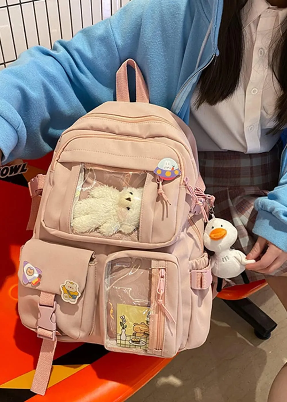YAQUNICER Kawaii Daypacks Cute Bear and Duckling Pendant Backpack Large Capacity-Pink