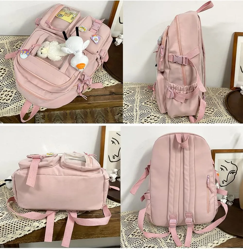 YAQUNICER Kawaii Daypacks Cute Bear and Duckling Pendant Backpack Large Capacity-Pink