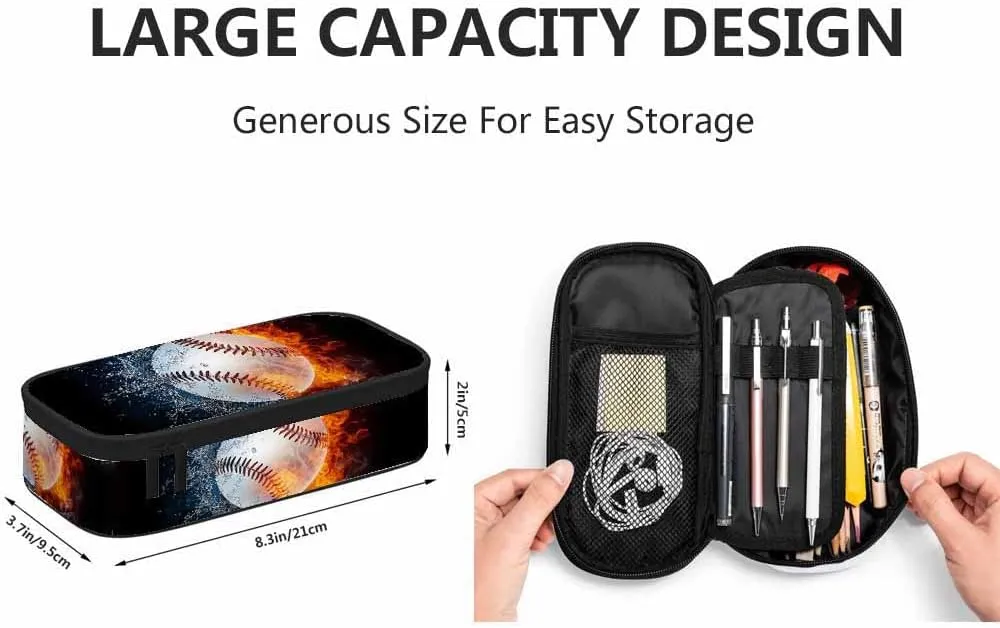 Yekiua Baseball Pen Bag Burning Fire Water Cool Ball Sport Game Large Pencil Case Big Capacity Pencil Pouch Pencil Holder