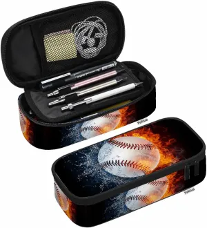 Yekiua Baseball Pen Bag Burning Fire Water Cool Ball Sport Game Large Pencil Case Big Capacity Pencil Pouch Pencil Holder