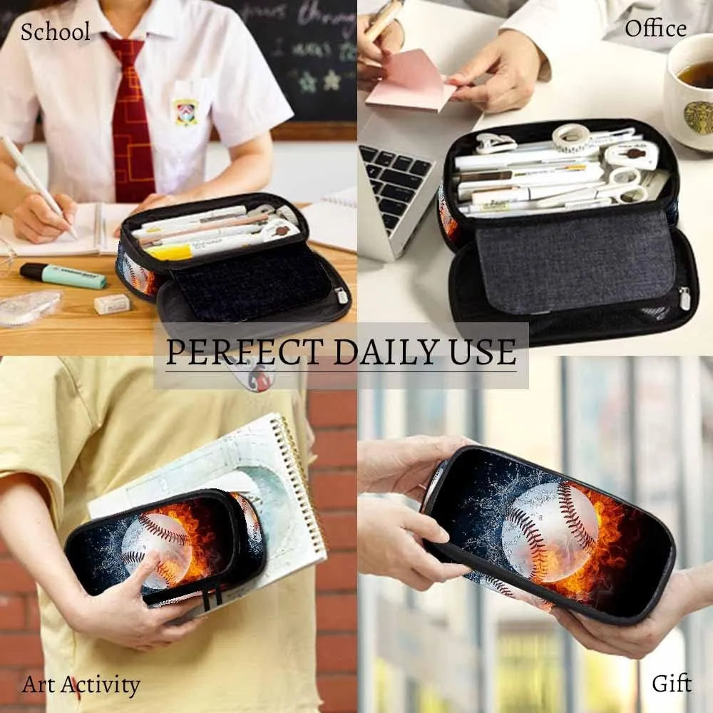 Yekiua Baseball Pen Bag Burning Fire Water Cool Ball Sport Game Large Pencil Case Big Capacity Pencil Pouch Pencil Holder