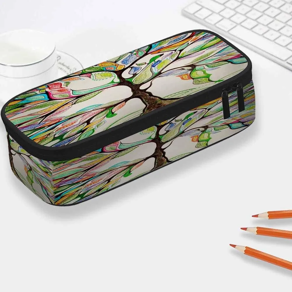 Yekiua Love Tree Pencil Pouch Colorful Tree Branches Leaves High Capacity Pencil Case Stationary Bag Cosmetics Bag Brown Green Yellow