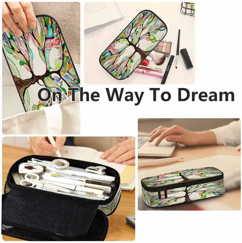 Yekiua Love Tree Pencil Pouch Colorful Tree Branches Leaves High Capacity Pencil Case Stationary Bag Cosmetics Bag Brown Green Yellow