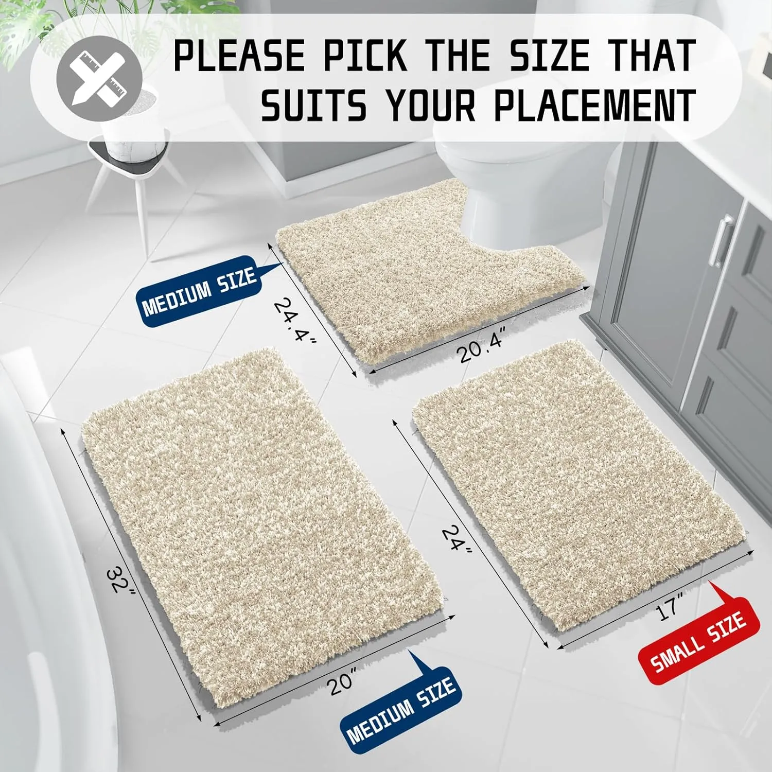 Yimobra Bathroom Rugs Non Slip Washable 24x17, Ultra Soft and Water Absorbent Bath Mats, Plush Fluffy Shower Mat Outside, Microfiber Thick Matts for Bathroom Floor/Sink, Light Beige and White