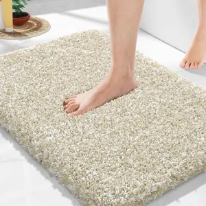 Yimobra Bathroom Rugs Non Slip Washable 24x17, Ultra Soft and Water Absorbent Bath Mats, Plush Fluffy Shower Mat Outside, Microfiber Thick Matts for Bathroom Floor/Sink, Light Beige and White