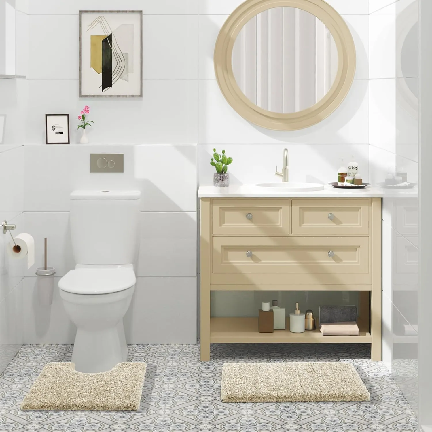 Yimobra Bathroom Rugs Non Slip Washable 24x17, Ultra Soft and Water Absorbent Bath Mats, Plush Fluffy Shower Mat Outside, Microfiber Thick Matts for Bathroom Floor/Sink, Light Beige and White