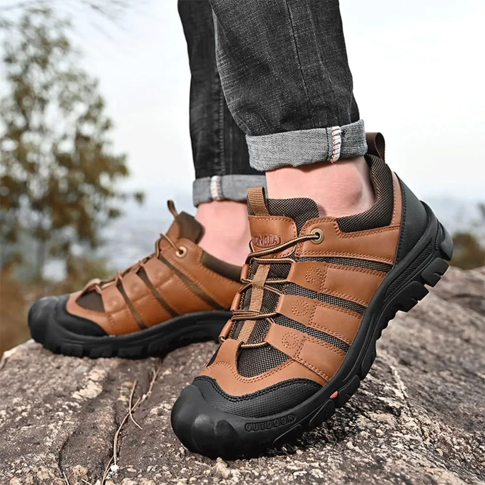 YONGJIA Men's Hiking Waterproof Casual Breathable Leather Outdoor Lightweight Non-Slip Walking Work Shoes