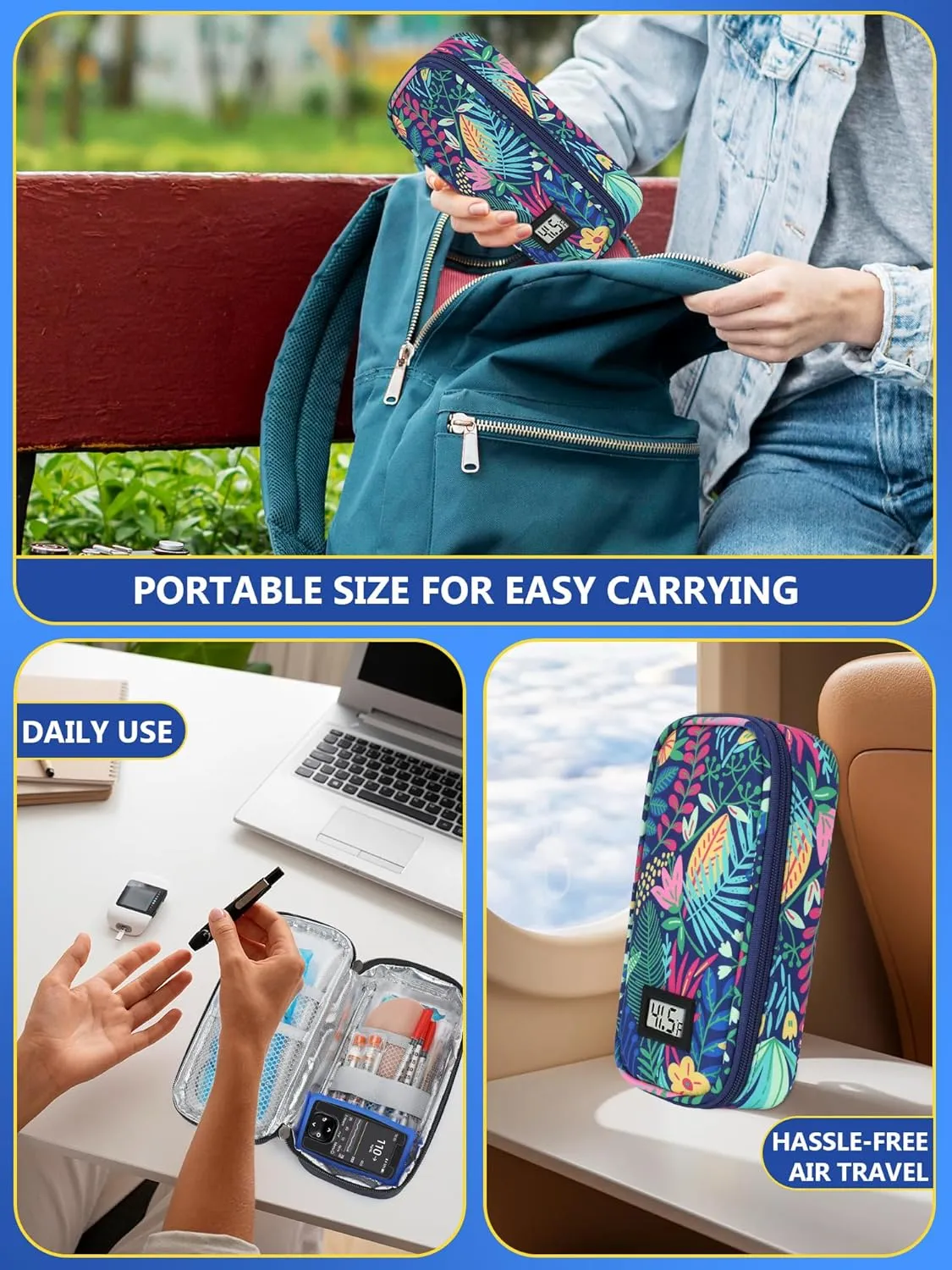 YOUSHARES Insulin Cooler Travel Case - TSA Approved Diabetic Medication Pen Cooling Bag with Temperature Display, Refrigerated Diabetes Supplies Organizer Insulated Storage Kit with 2 Ice Pack