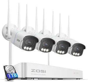 ZOSI 4K WiFi 6 Security Camera System, 4pcs 4K Outdoor Indoor Plug-in Cameras,Aurora Lux True Full Color Night Vision,Person Vehicle Detection,2 Way Audio,8CH 8MP NVR with 1TB HDD for 24/7 Recording