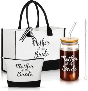 Zubebe 3 Pcs Bride Gifts Set for Bridal Shower Include Glass Cup Canvas Tote Bag Makeup Bag for Honeymoon Gift (Mother of the Bride)